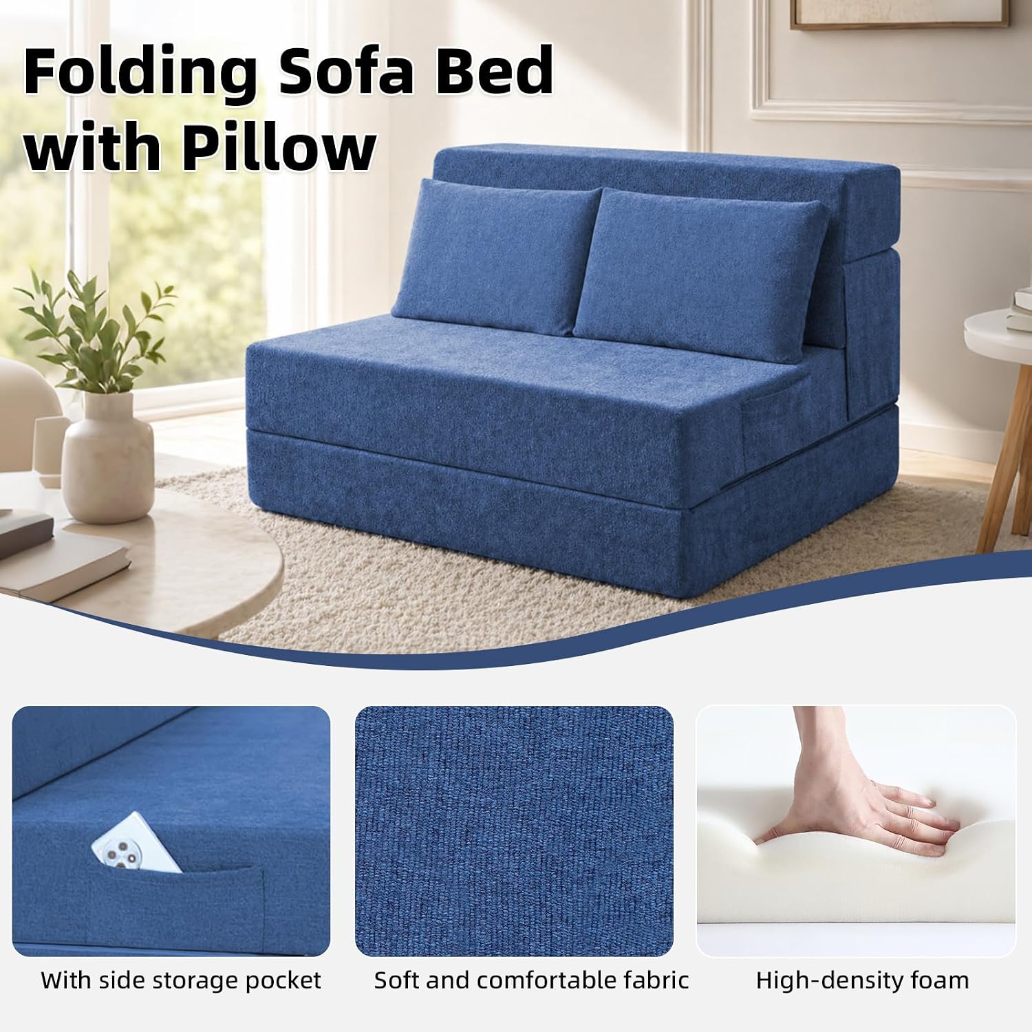 Folding Sofa Bed, Convertible Sleeper Chair with Pillow, Loveseat Fold Out Chair Bed, Memory Foam Floor Couch Mattress, Foldable Futon Couch Lounge for Living Room Guest (Blue, Twin)