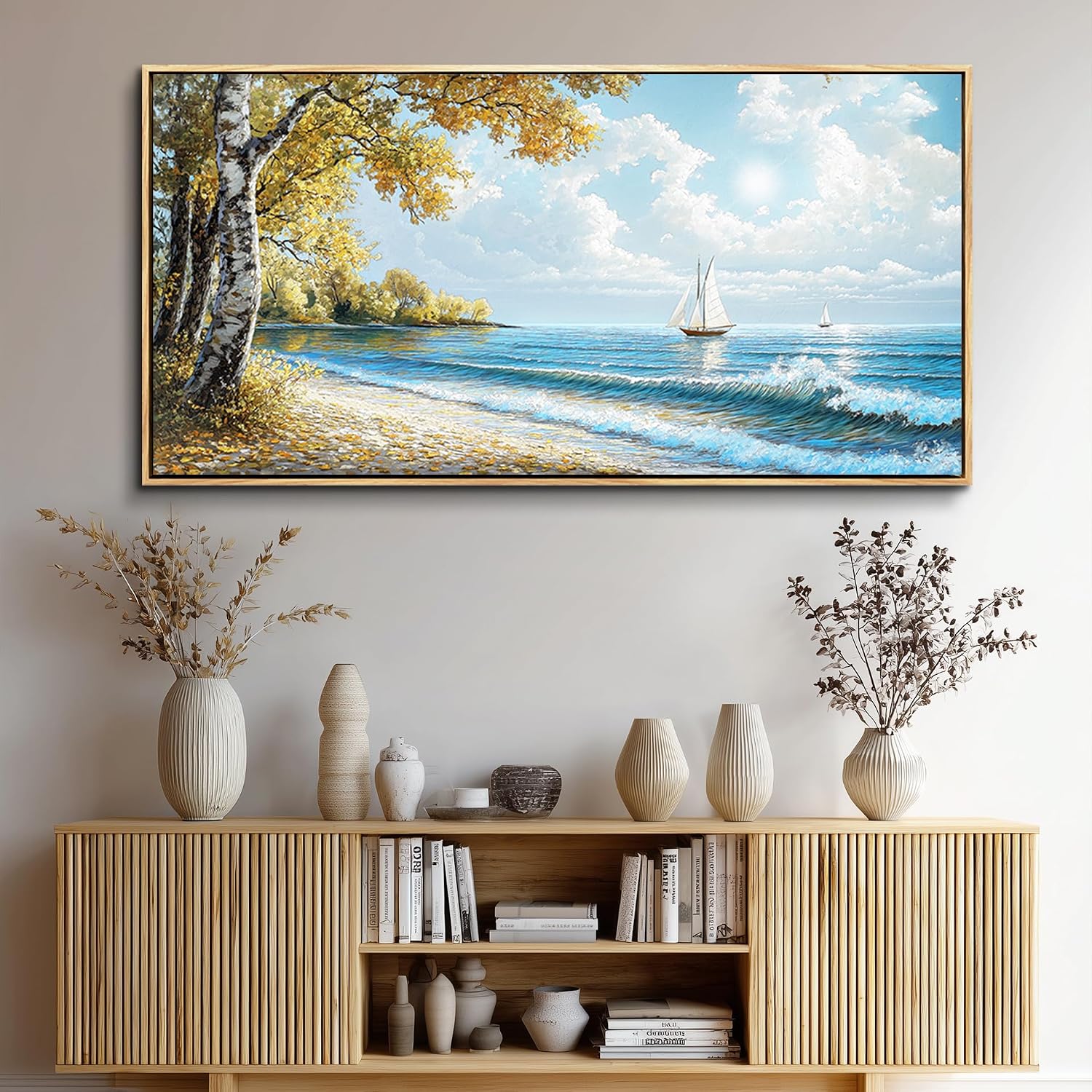 JUDASJART Wall Decor For Bedroom Large Wall Art For Living Room Office Decorations Blue Beach Sea Wave Paintings Ocean Seascape Wall Pictures Canvas Artwork Home Decor Ready To Hang Wood Framed