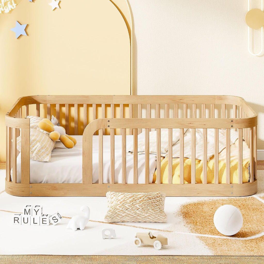JIVOIT Twin Size Floor Bed Frame with Fence, Wood Montessori Floor Bed with Safety Guardrail, Easy Assembly (Natural/124)