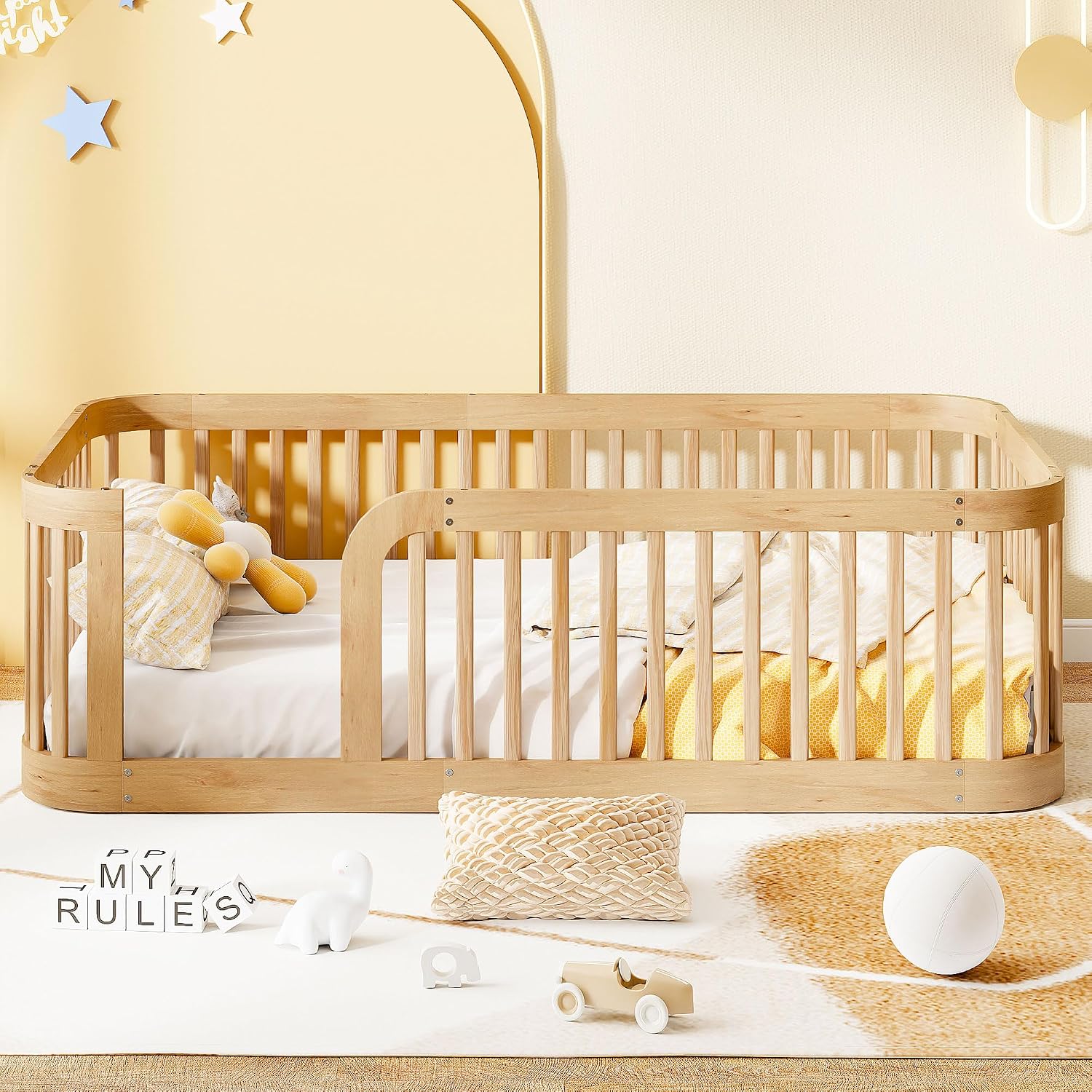 JIVOIT Twin Size Floor Bed Frame with Fence, Wood Montessori Floor Bed with Safety Guardrail, Easy Assembly (Natural/124)