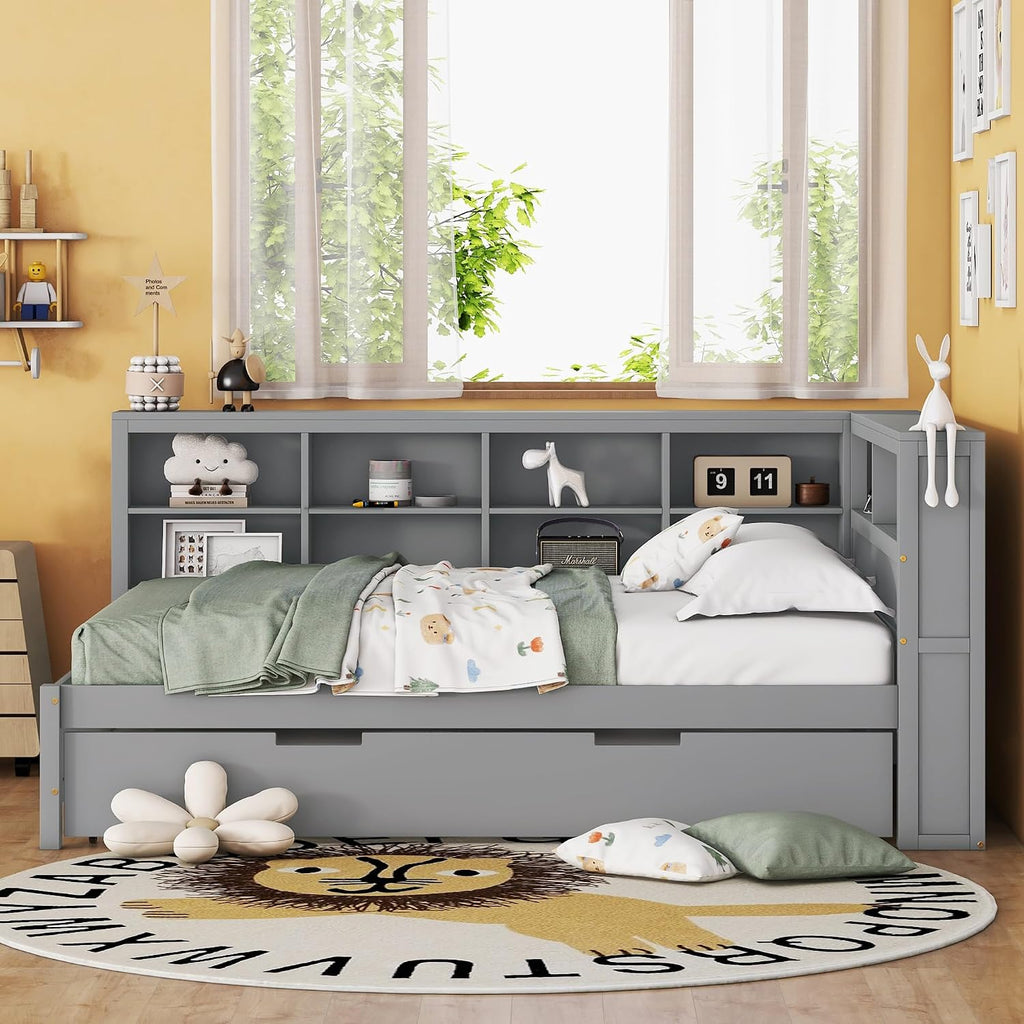 Modern Full Size Daybed with Trundle, Solid Wood Captain Platform Bed with Storage Cabinets and USB Ports, Low Floor Bed for Kids Teens Adult Bedroom, Easy Assembly (Gray-FF025)