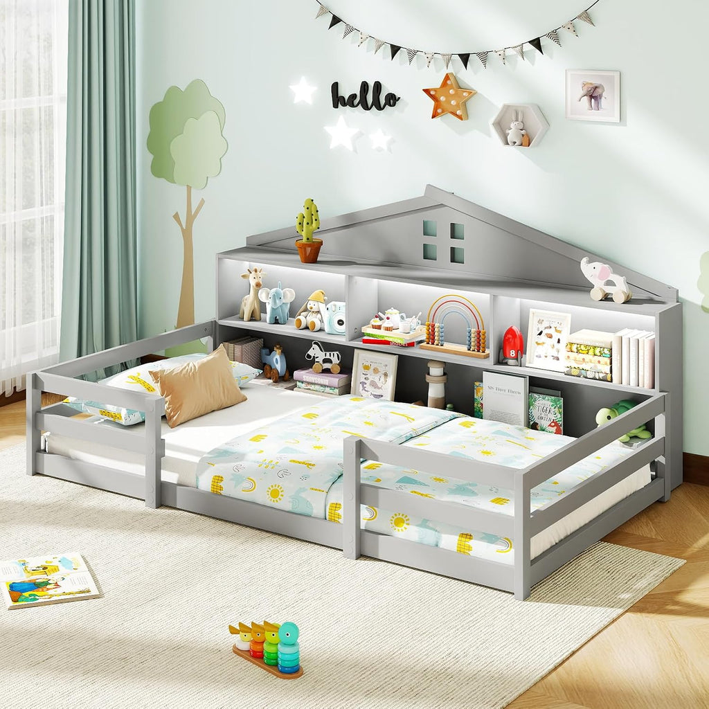 BECOMFORT Twin Floor Bed with LED Lights, 2-in-1 Kids Twin Floor Bed Frame with Bedside Bookcase & Safety Guardrails, Montessori Bed for Boys Girls