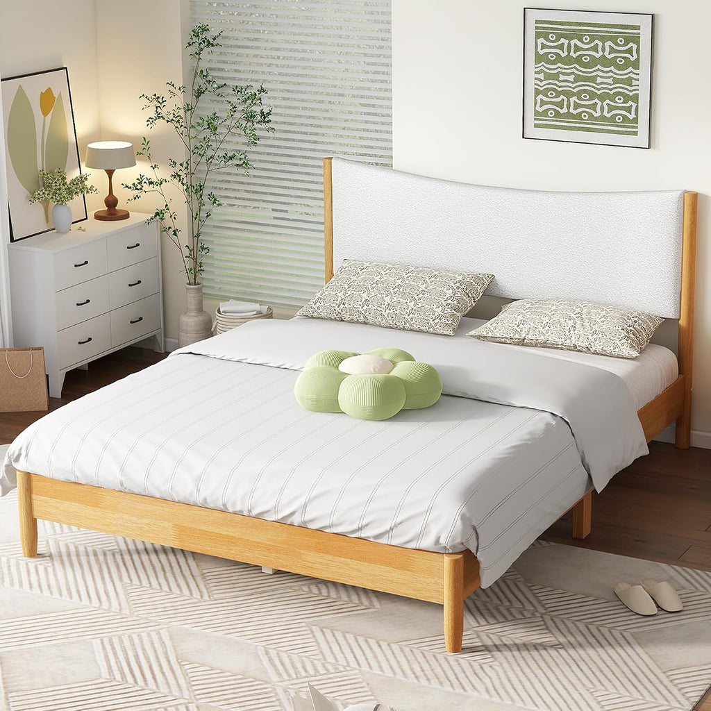 Queen Size Bed Frame with Storage, Solid Rubber Wood Platform Bed with Boucle Upholstered Headboard, Enhanced Support Feet for Stability, American Style Modern Bedroom Furniture