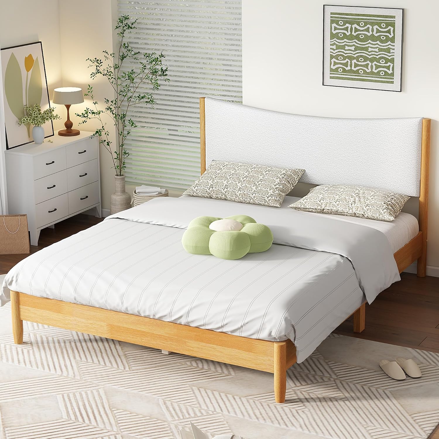 Queen Size Bed Frame with Storage, Solid Rubber Wood Platform Bed with Boucle Upholstered Headboard, Enhanced Support Feet for Stability, American Style Modern Bedroom Furniture