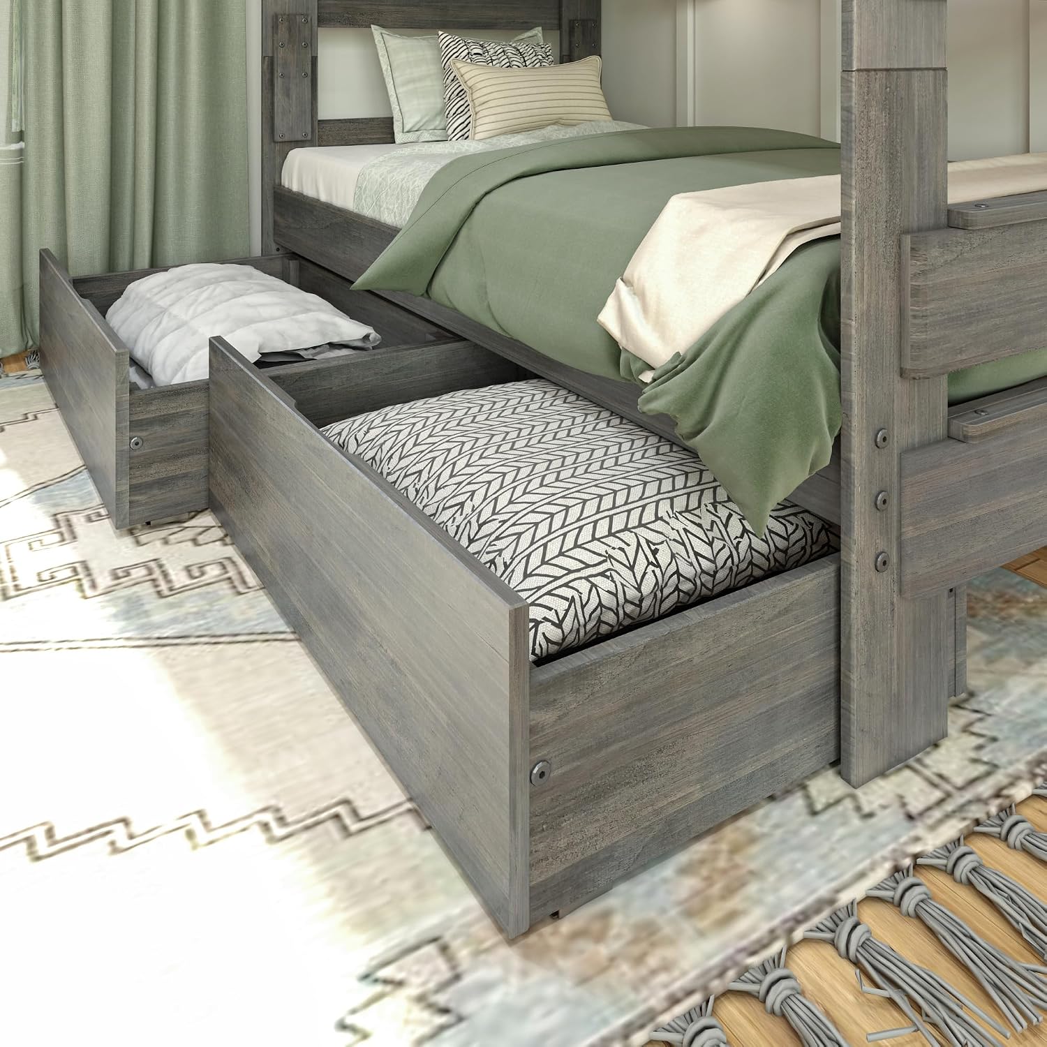 Max & Lily Modern Farmhouse Twin/Twin Bunk Bed with Storage Drawers, Driftwood