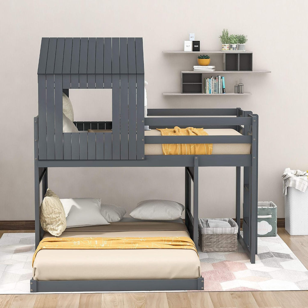 KLMM Twin Over Full Bunk Beds for Kids Toddlers, Wooden Play Farm House Bunk Bed with Roof Window Guardrail Ladder, for Girls Boys, No Spring Box Required (Gray-BUNK Bed-Twin-Full-4)