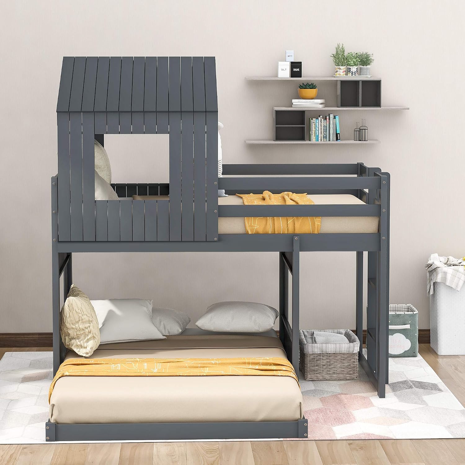 KLMM Twin Over Full Bunk Beds for Kids Toddlers, Wooden Play Farm House Bunk Bed with Roof Window Guardrail Ladder, for Girls Boys, No Spring Box Required (Gray-BUNK Bed-Twin-Full-4)