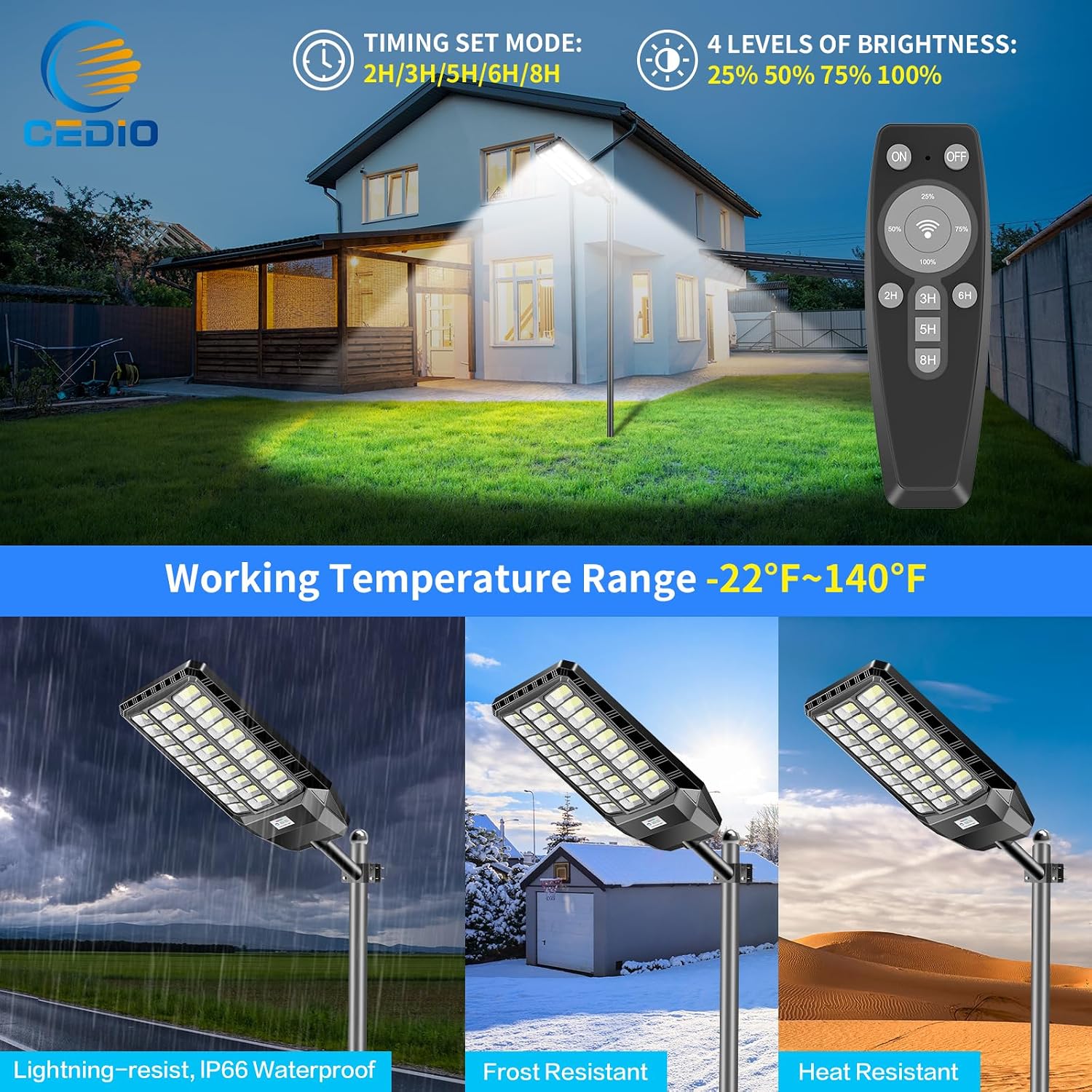 CEDIO 10000W Outdoor Solar Street Lights,Solar Lights IP66 Waterproof LED Street Light Dusk to Dawn,Flood Light with Motion Sensor for Yard (2PACK)