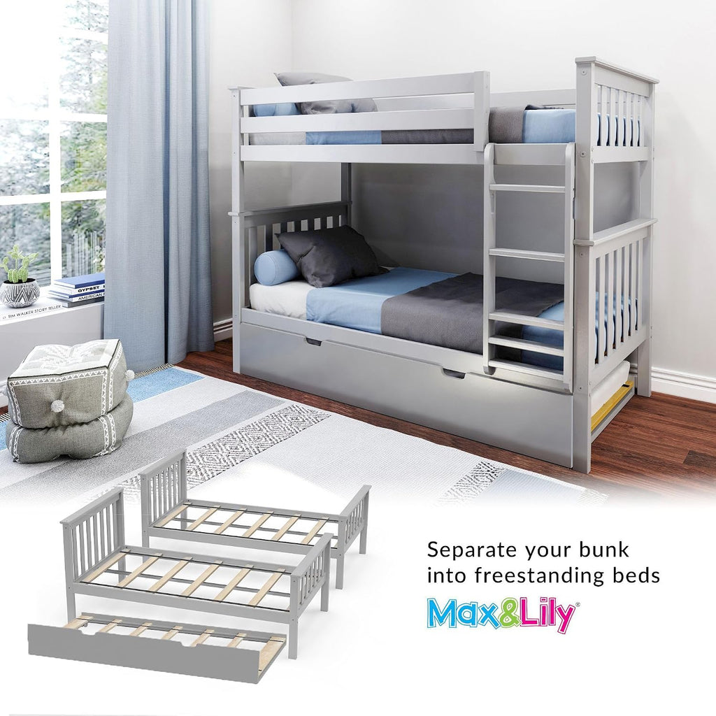 Max & Lily Bunk Bed, Twin-Over-Twin Wood Bed Frame For Kids With Trundle, Grey