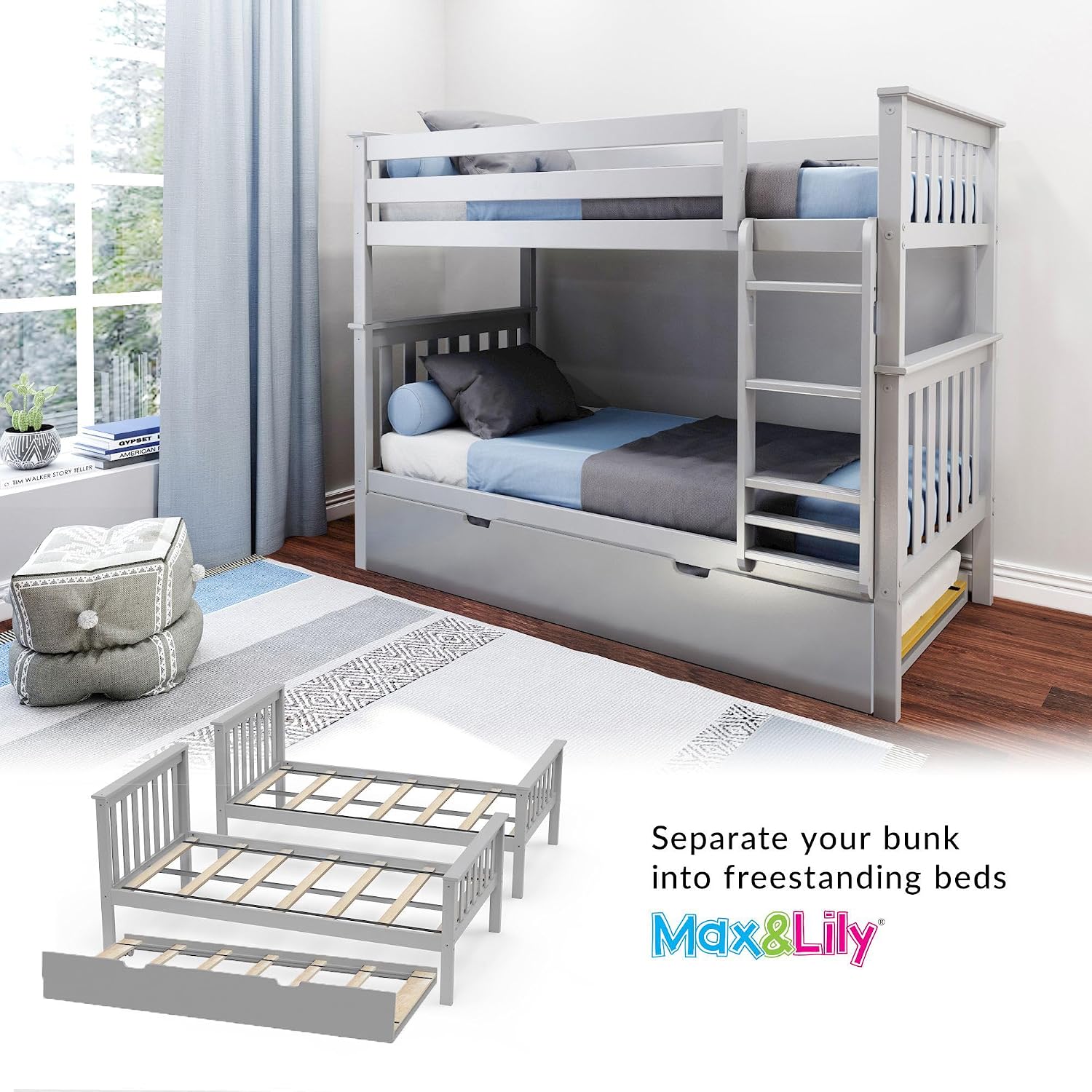 Max & Lily Bunk Bed, Twin-Over-Twin Wood Bed Frame For Kids With Trundle, Grey