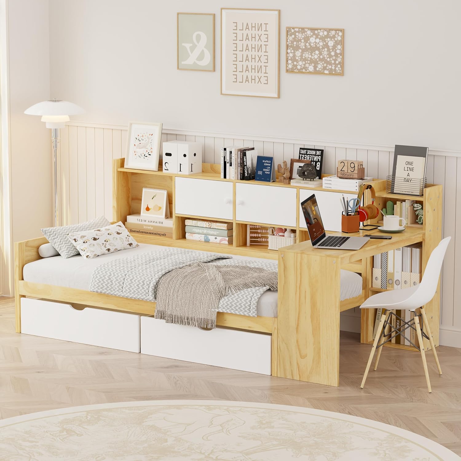 Twin Bed Frames with Storage, L-Shaped Corner Beds with Desk, Wood Daybed with Bookcase, Platform Beds with Drawers and Shelves for Living Room, Bedroom, Teens Room, Natural