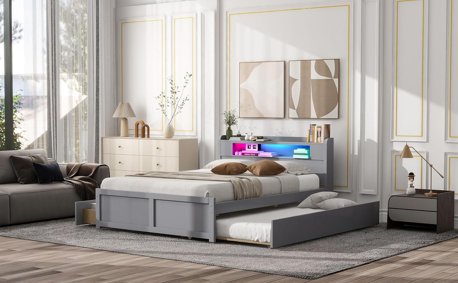 Merax Queen Size Platform Bed Frame with 2 Drawers and Twin Size Trundle, Gray Queen Bed Frame with Headboard, No Box Spring Needed