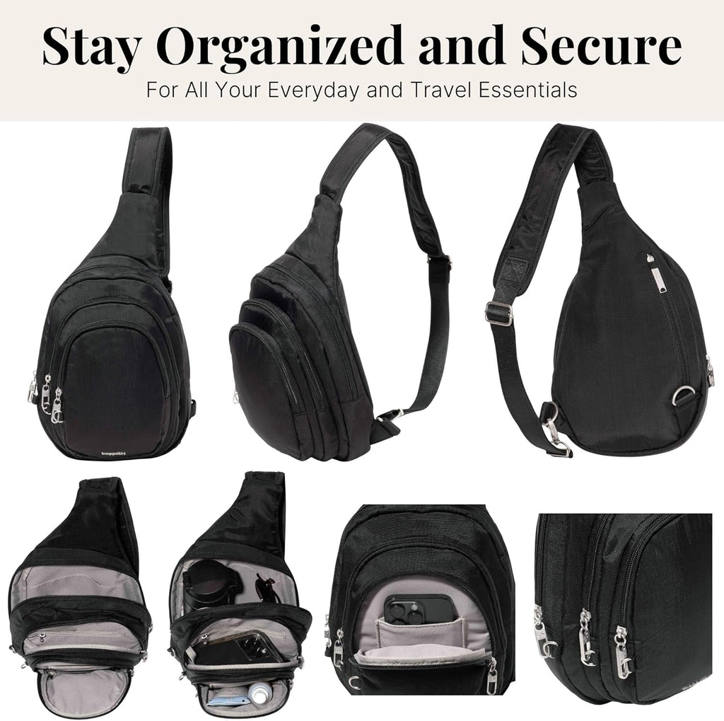 Baggallini Securtex® Anti-Theft Multi Zip Sling - Lightweight 8.6'x15.2' Travel Bag with Locking Zippers & RFID Protection