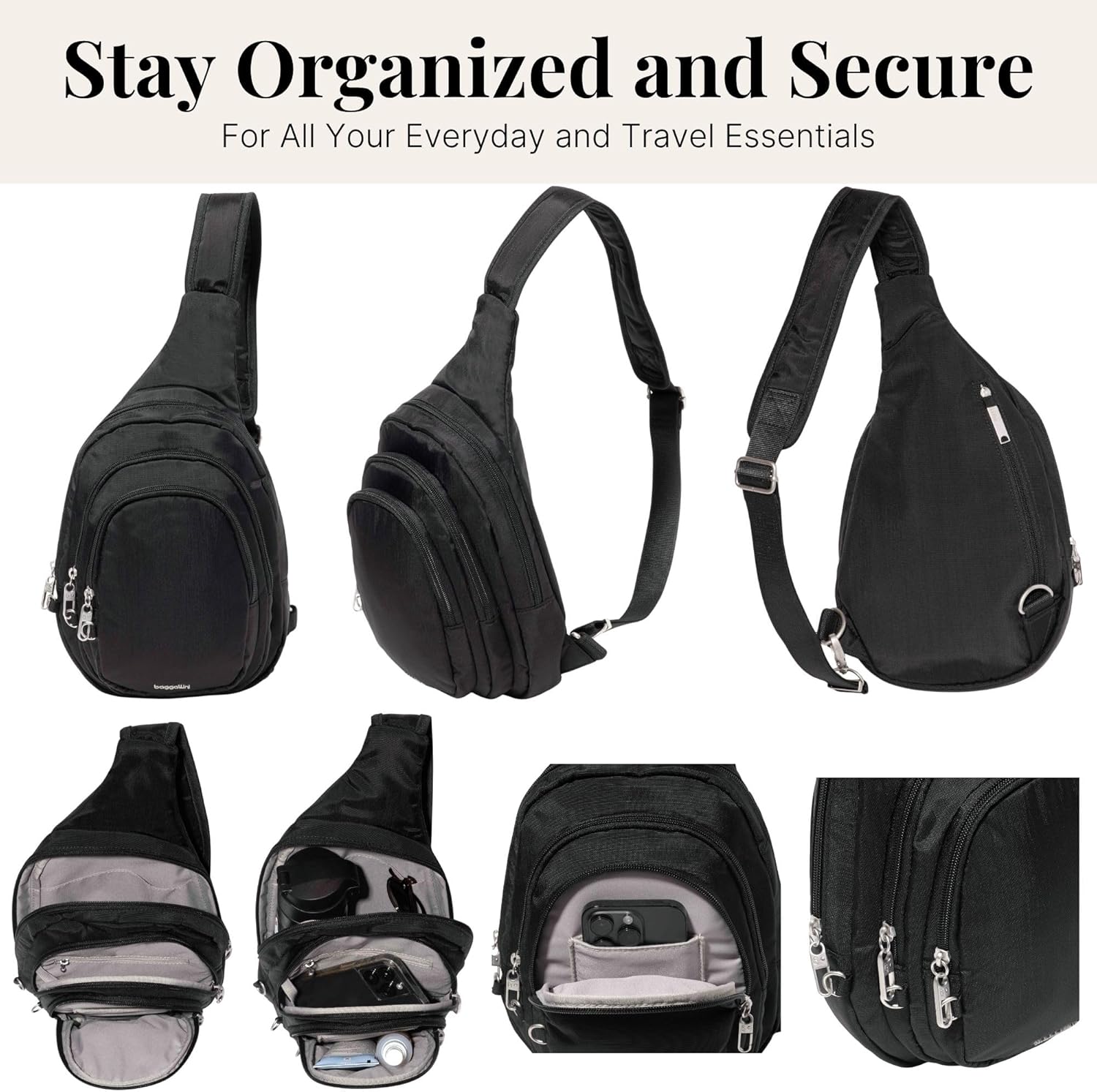 Baggallini Securtex® Anti-Theft Multi Zip Sling - Lightweight 8.6'x15.2' Travel Bag with Locking Zippers & RFID Protection