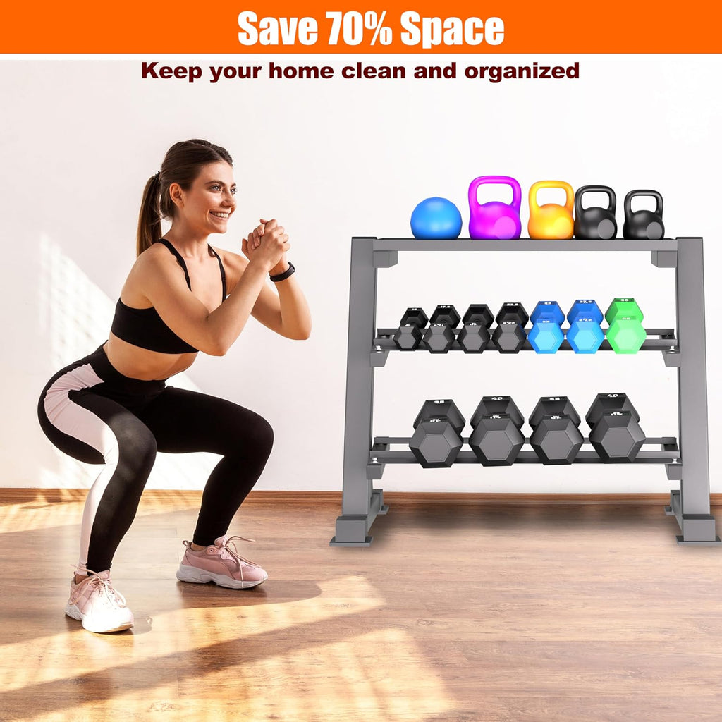 Heavy Duty 3 Tier Dumbbell Rack Stand, 1200LBS Commercial Weight Storage Organizer for Home Gym (Select Frame Type: Kettlebell Flat Tray, All Rails, or Rolling Wheels), Stand Only