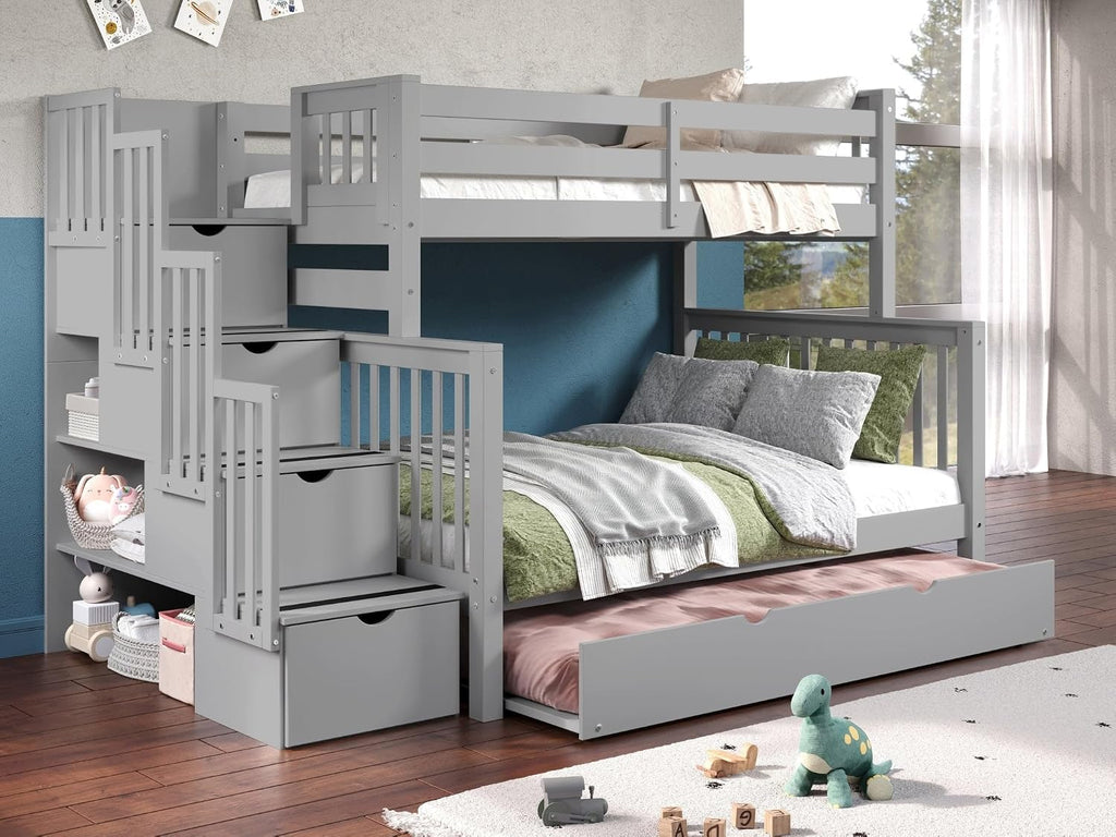 Bedz King Stairway Bunk Beds Twin Over Full, 4 Step Drawers, Twin Trundle, Gray
