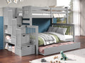 Bedz King Stairway Bunk Beds Twin Over Full, 4 Step Drawers, Twin Trundle, Gray