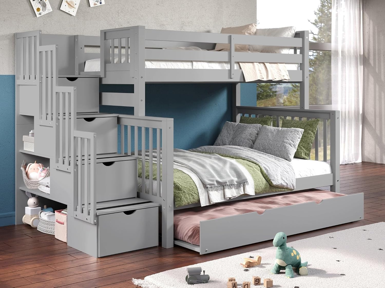 Bedz King Stairway Bunk Beds Twin Over Full, 4 Step Drawers, Twin Trundle, Gray