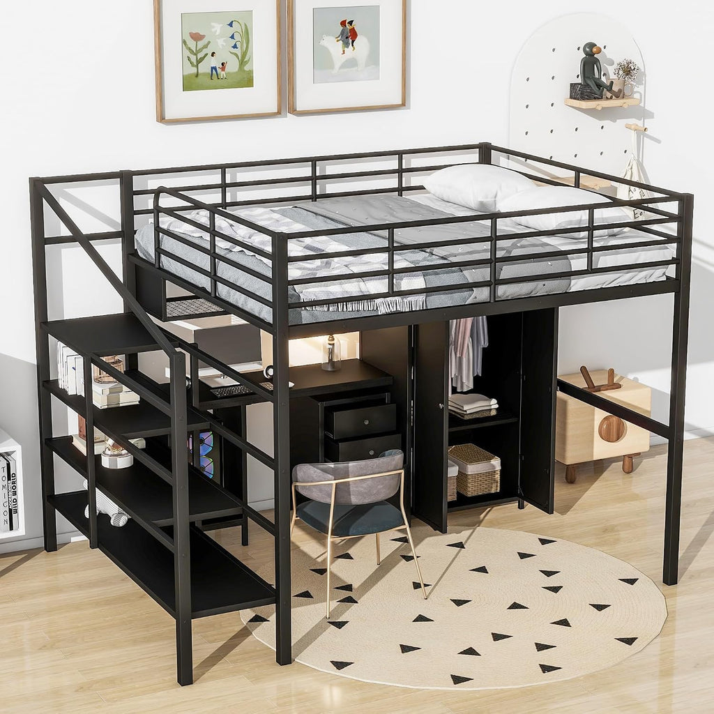 JIVOIT Metal Loft Bed Frame with Table Set, Full Size Storage Loft Bed with Wardrobe and 4-Layers Ladder, Full-Length Guardrails and Metal Slats Support, Space-Saving Bed Frame for Kids Teens
