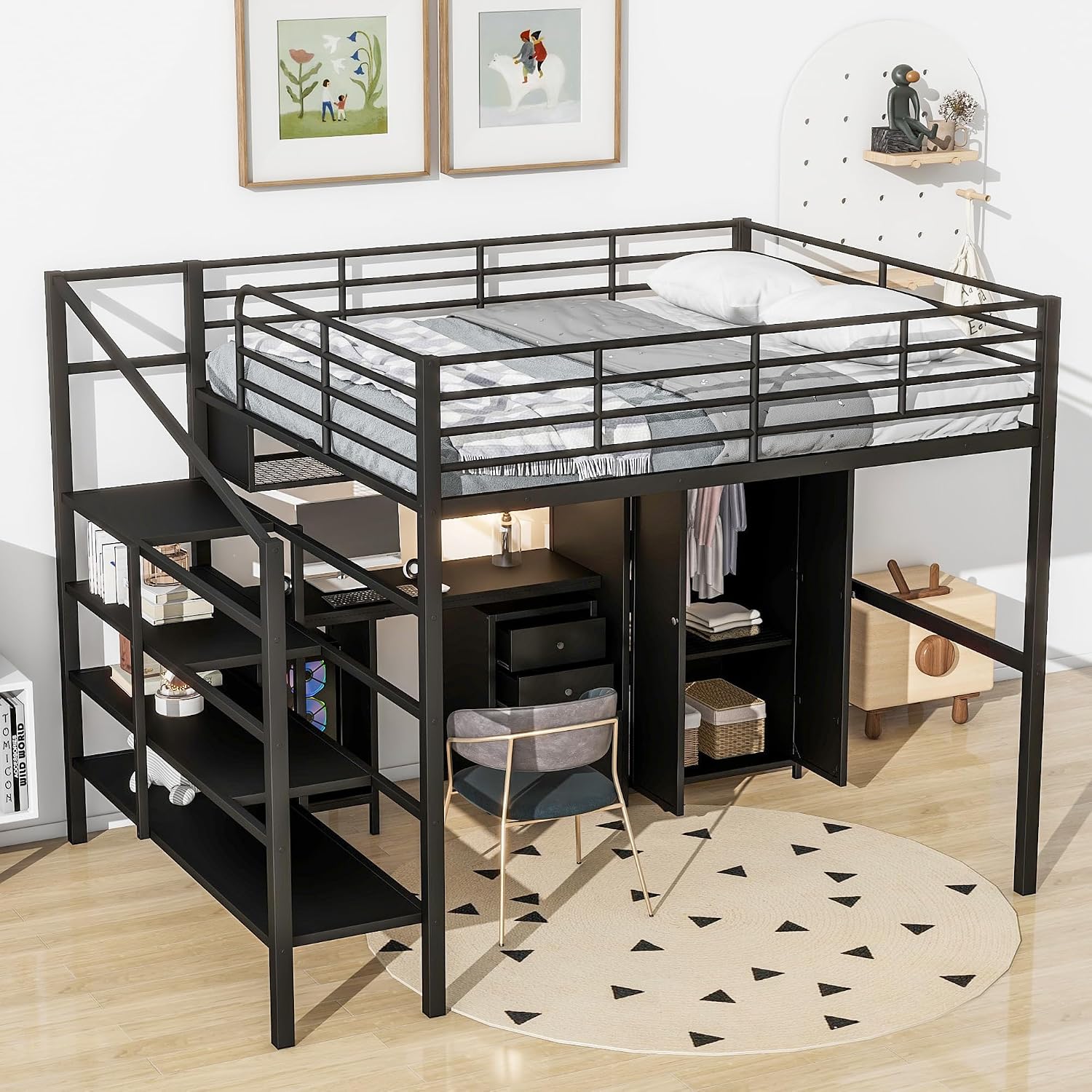 JIVOIT Metal Loft Bed Frame with Table Set, Full Size Storage Loft Bed with Wardrobe and 4-Layers Ladder, Full-Length Guardrails and Metal Slats Support, Space-Saving Bed Frame for Kids Teens