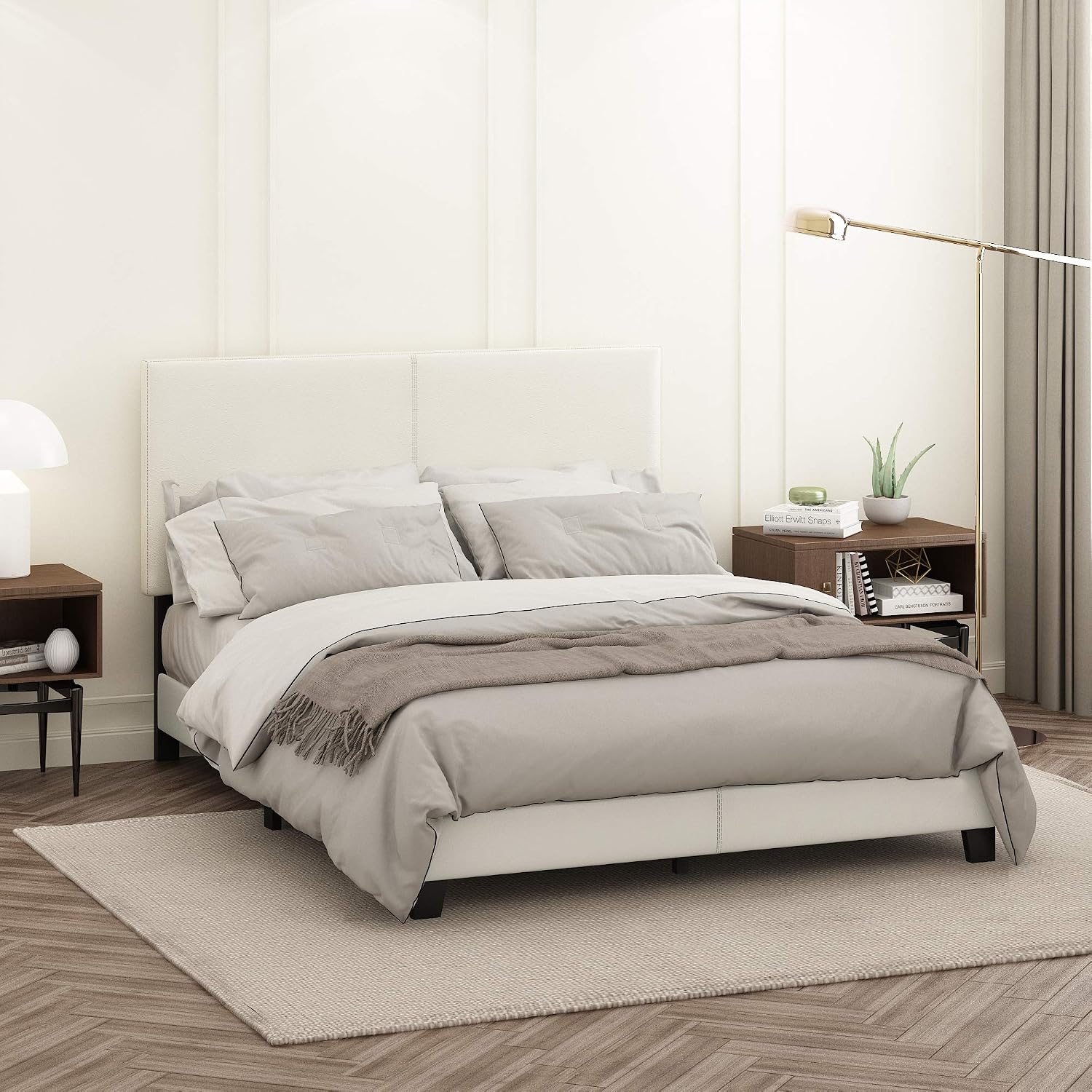 FURINNO Pessac PU Leather Upholstered Platform, Queen, White,FB19821QWH