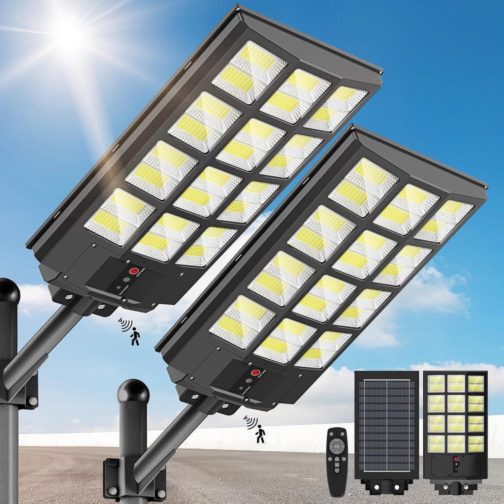 Sunwish Solar Lights Outdoor Waterproof 5000W, 6500K LED Solar Street Light with Motion Sensor & Dusk to Dawn, Security Flood Lights Outdoor with Remote Control for Parking Lot, Yard, Garage 2 Pack