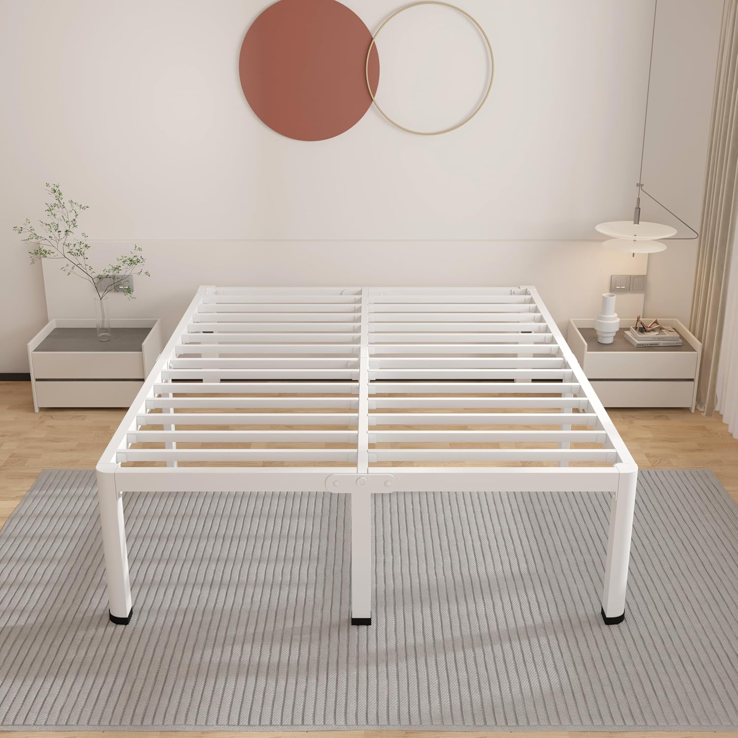 ROIL 18 Inch White California King Bed Frame with Rounded Corner and Headboard Hole Mattress Retainers 3500LBS Heavy Duty Steel Slats No Box Spring Needed Platform Noise-Free Easy Assembly