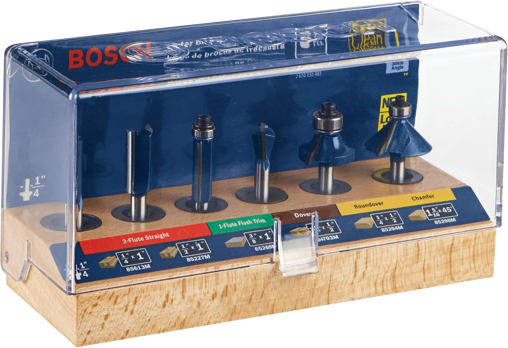 BOSCH RBS006 6-Piece 1/4 in. Shank Carbide-Tipped Multi-Purpose Router Bits Assorted Set with Included Storage Case for Applications in Straight, Trimming, Decorative Edging, Dovetail Joinery