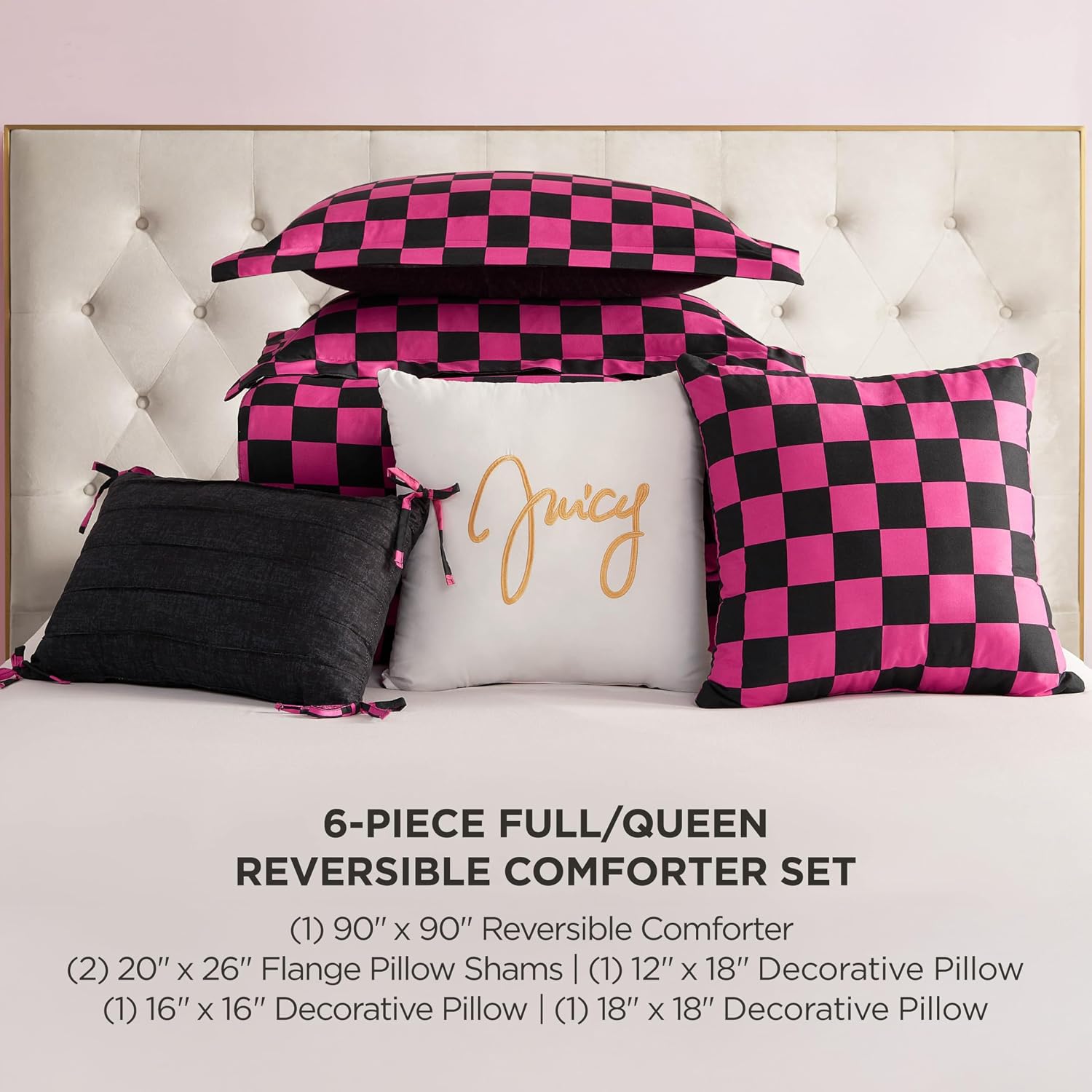 Juicy Couture Reversible Checkerboard Comforter Set 6-Piece Full/Queen Set, Black/Hot Pink