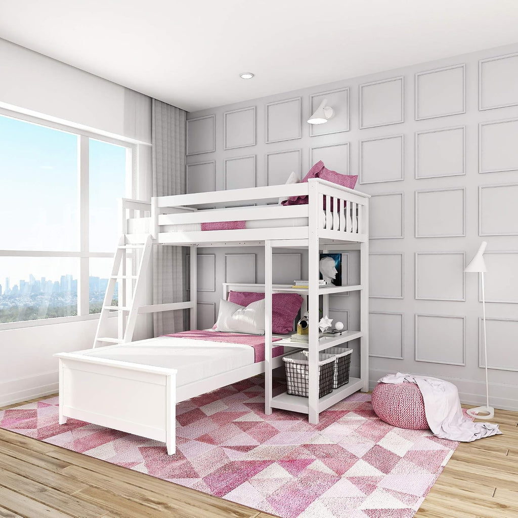Max & Lily L Shape Twin over Twin Bunk Bed with Bookcase, White