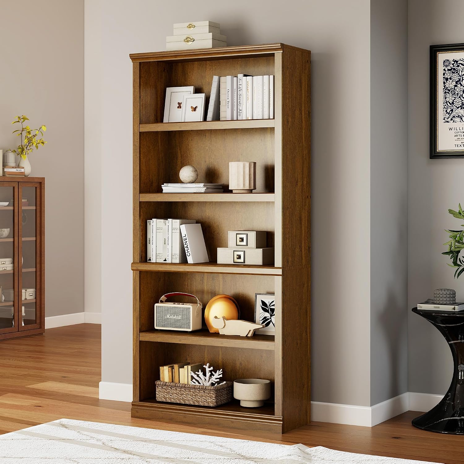 Bevfint 70 in Tall Bookcase, White Bookshelf Open Storage 5-Tier Shelves, 33 inch Wide Floor Standing Indoor Furniture, Book Cases for Home School Library Office Bedroom Kids, Vintage Oak 5 Tiers