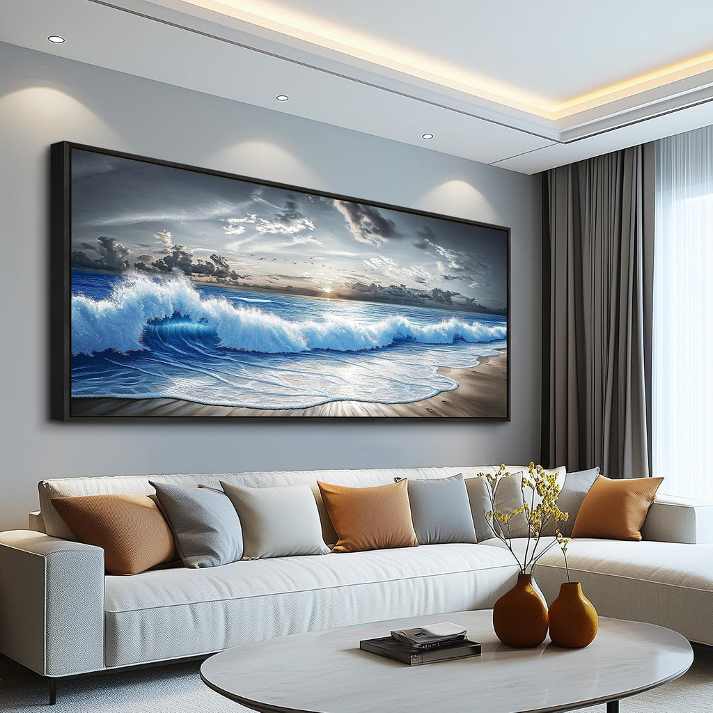 PHAOHUAXM Large Canvas Modern Black White Printed Artworks Wall Decor For Living Room Wall Art For Bedroom Office Dining room Blue Ocean Wave Painting Wall Pictures Home Decor 32'X72' Black Frame
