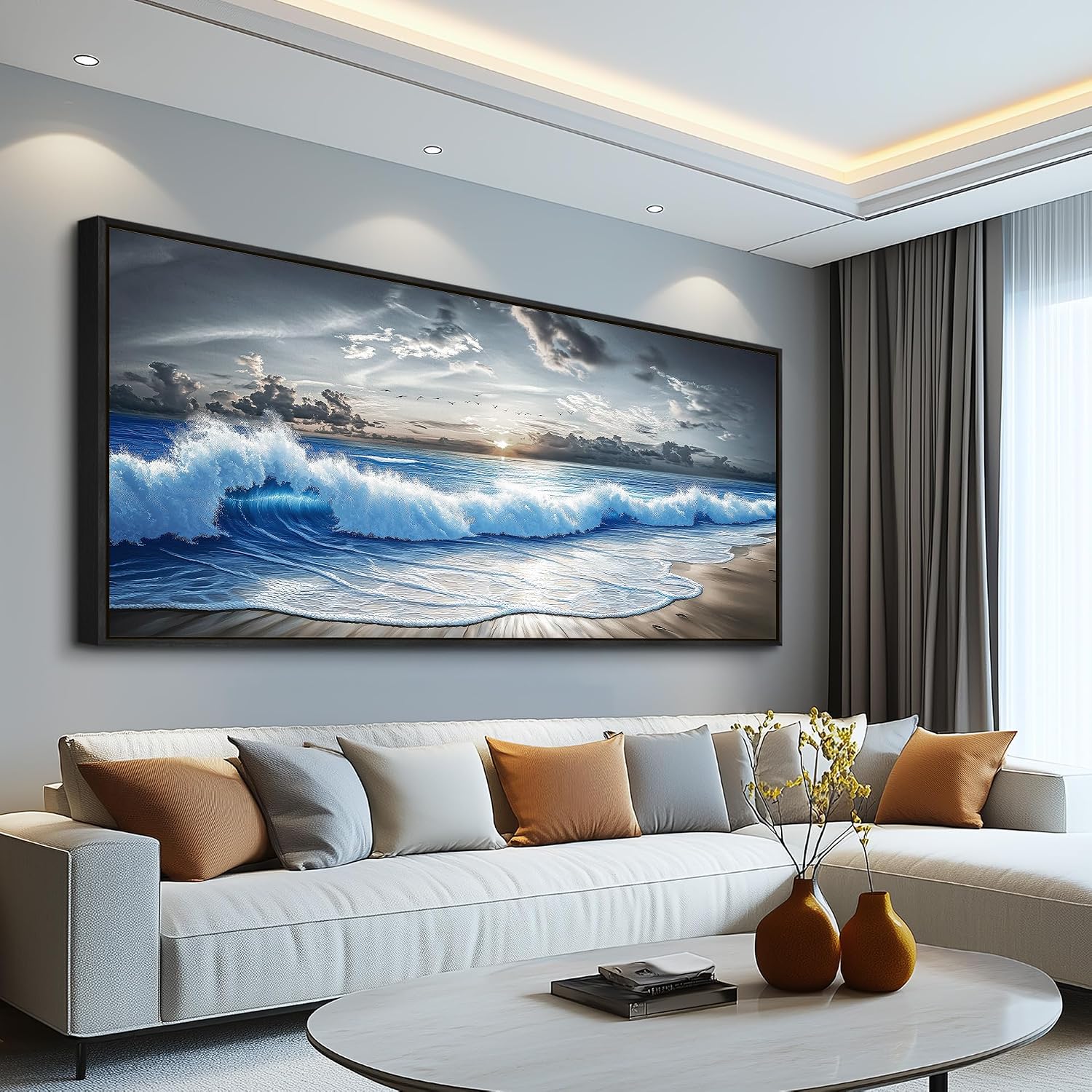 PHAOHUAXM Large Canvas Modern Black White Printed Artworks Wall Decor For Living Room Wall Art For Bedroom Office Dining room Blue Ocean Wave Painting Wall Pictures Home Decor 32'X72' Black Frame