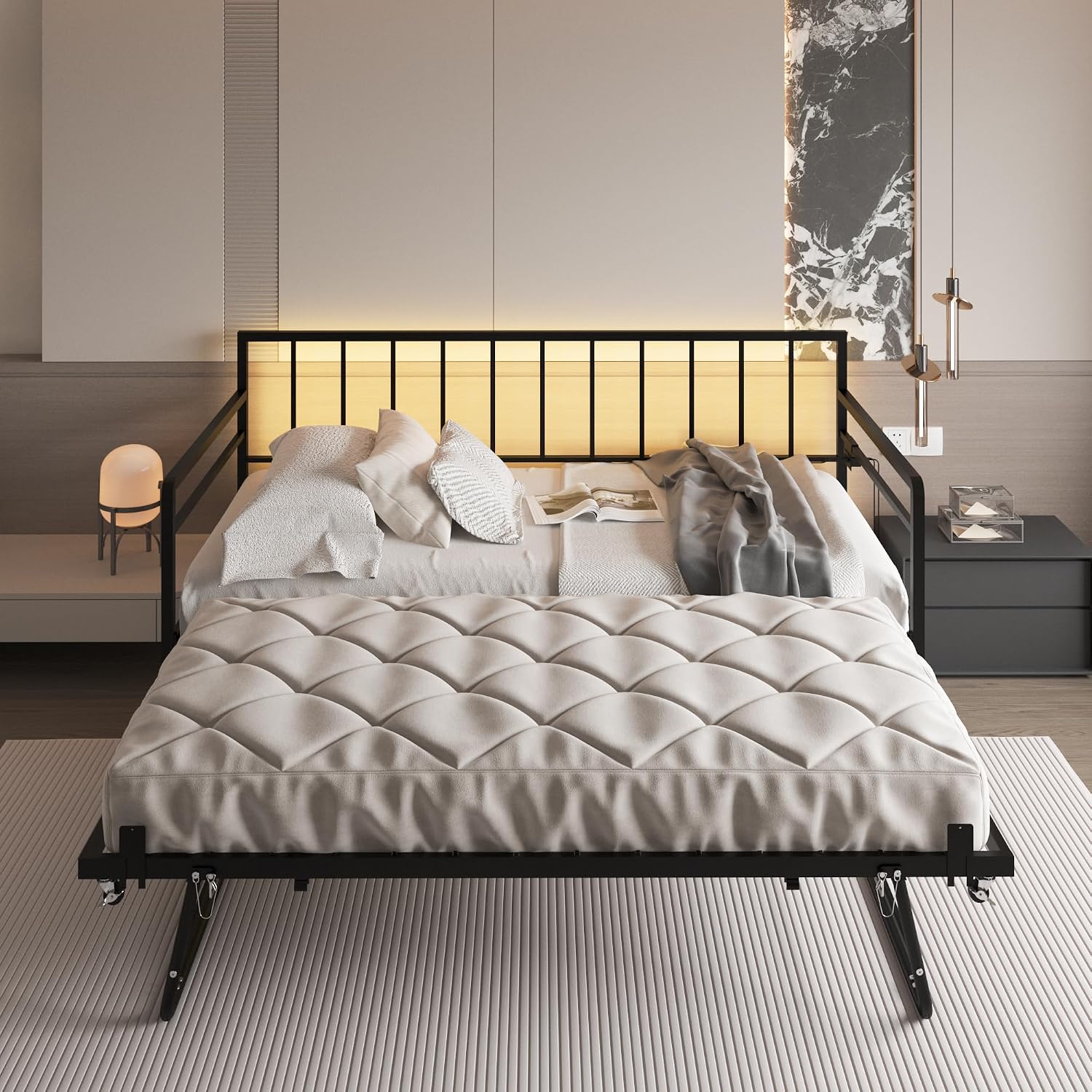 Twin Daybed with Trundle, Day Bed with Charging Station & LED Lights, Metal Sofa Bed Frame with Pop Up Trundle for Living Room, Bedroom, Guest Room, Apartment and Small Spaces (Black, Twin)