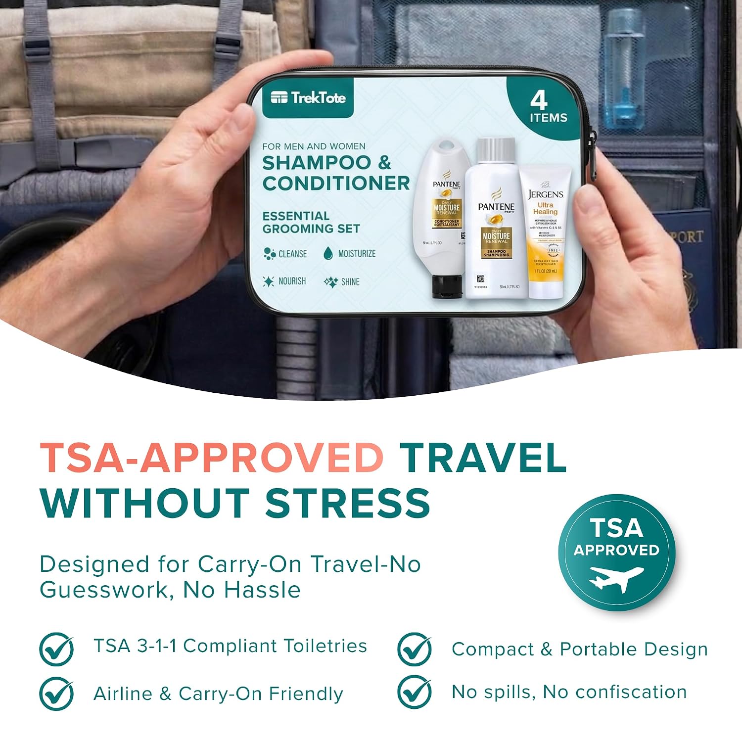 TrekTote Travel Size Bulk Shampoo And Conditioner Sets - Includes Premium Shampoo, Conditioner, Lotion And Clear Travel Bag - TSA Compliant Travel Size Toiletries