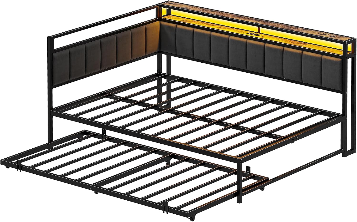 LIKIMIO Corner Full Bed Frame with Trundle, Upholstered Storage Headboard & LED Lights, Full Size Daybed with Charging Station, Sturdy Platform Metal Frame for Living Room, Bedroom, Guest Room, Gray
