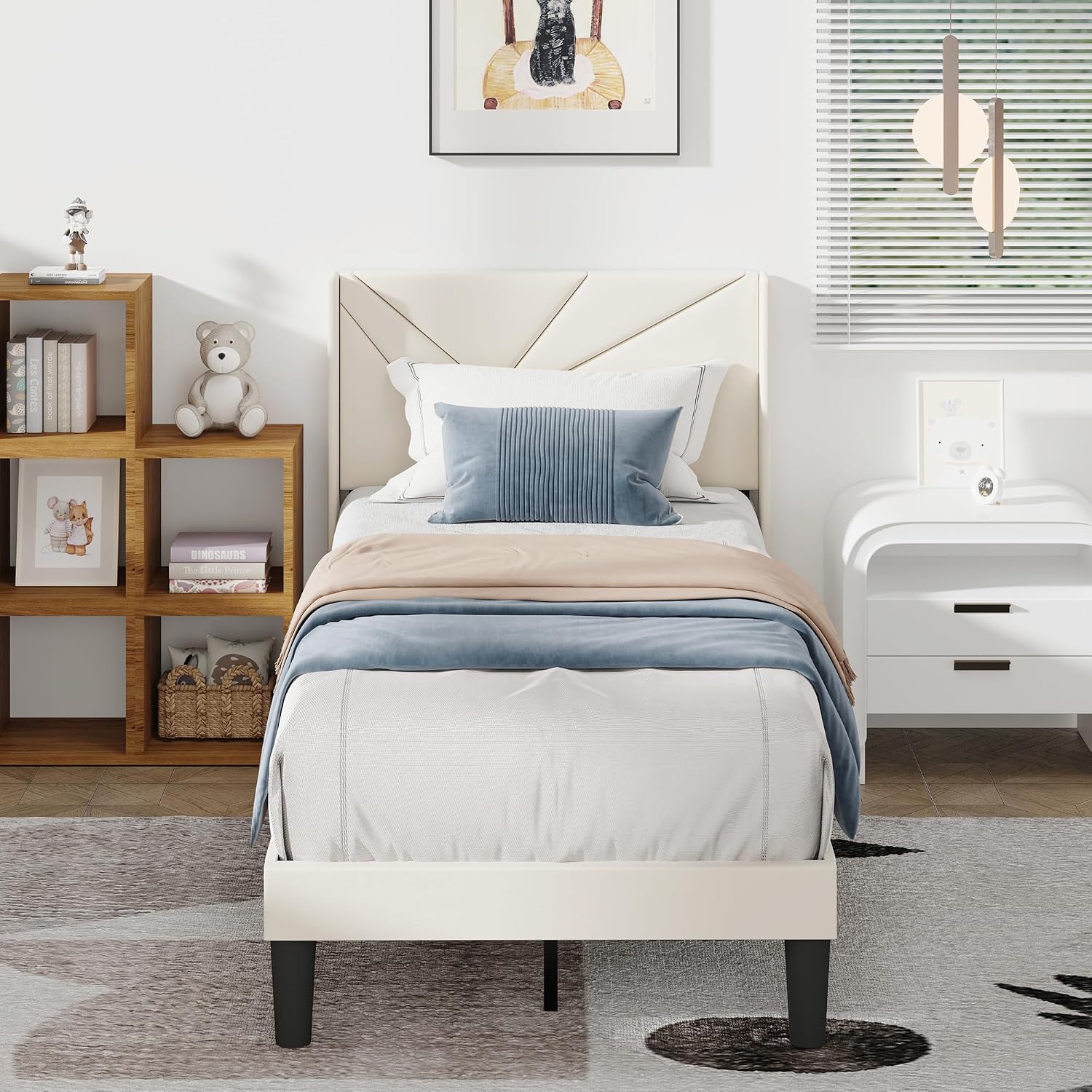 Twin Size Bed Frames with Upholstered Wingback Headboard, Easy Assemnly Platform Bed and Heavy Duty Wooden Slats Support, Noise-Free, No Box Spring Needed (Cream, Twin)