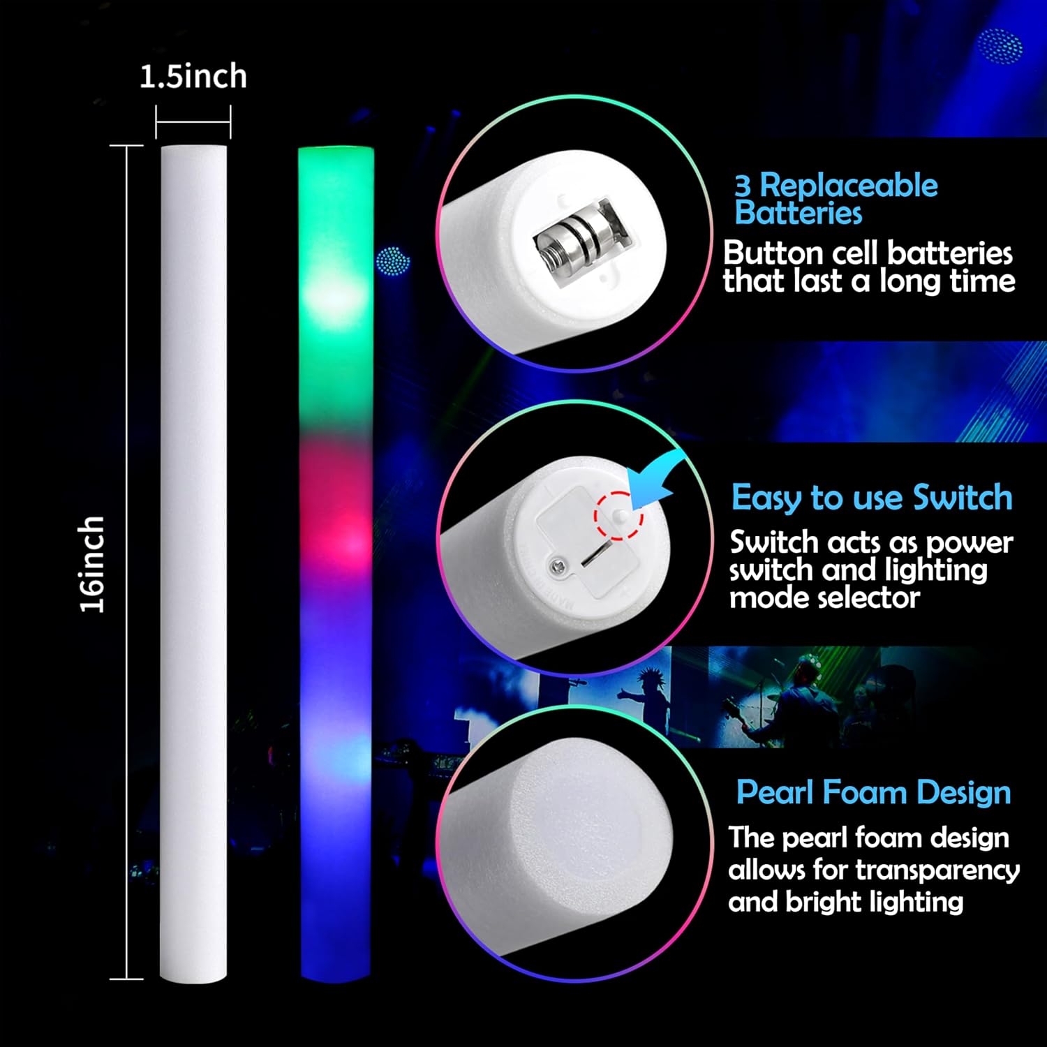 Pack of 100, Custom LED Party Foam Light Sticks for Wedding, Birthdays, Guests, Party, DJ, Concerts, Festivals, Events, 3 Color Lighting Modes Batteries 16'