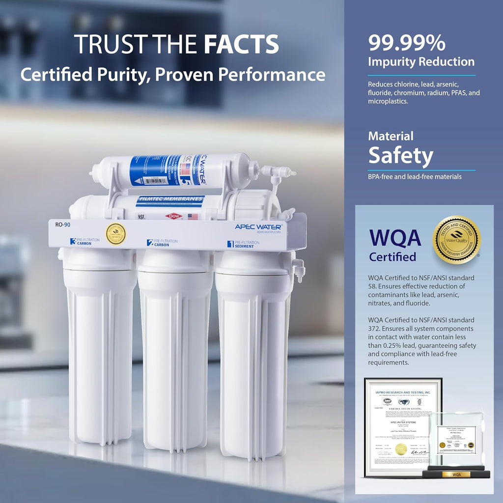 APEC Water RO-90, 5-Stage Under Sink Reverse Osmosis Water Filter System, NSF Certified 372 & 58, 90 GPD, Reduces 99% of Impurities