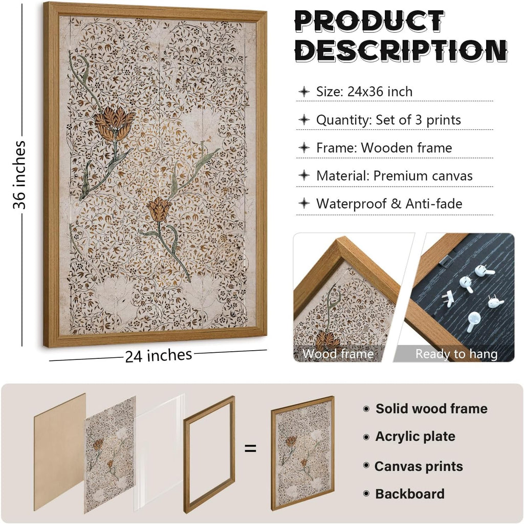 Vintage William Morris Wall Art Framed Decor Boho Floral Botanical Canvas Pictures Abstract Neutral Flower Prints Vintage Farmhouse Artwork Painting for Living Room Bedroom 24x36 Inch Set of 3