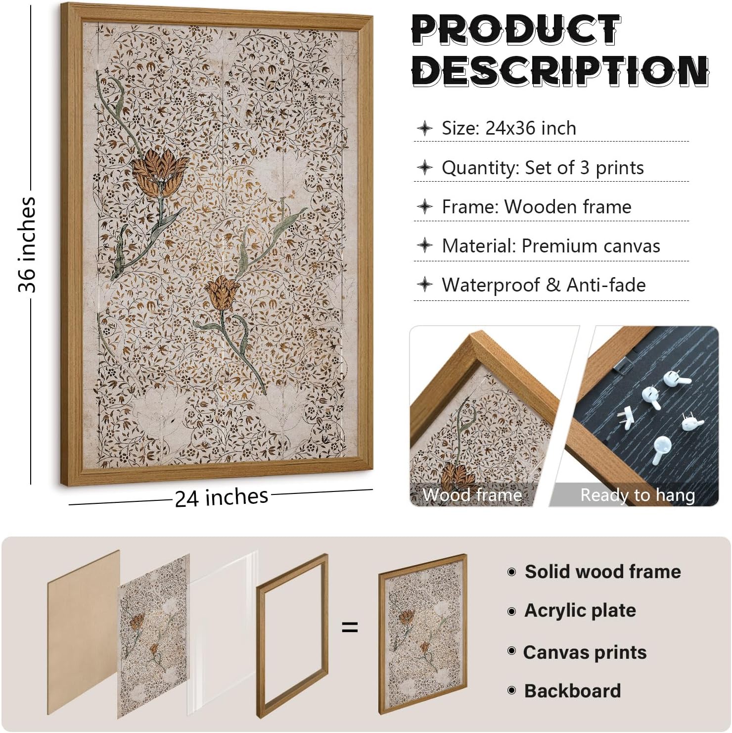 Vintage William Morris Wall Art Framed Decor Boho Floral Botanical Canvas Pictures Abstract Neutral Flower Prints Vintage Farmhouse Artwork Painting for Living Room Bedroom 24x36 Inch Set of 3