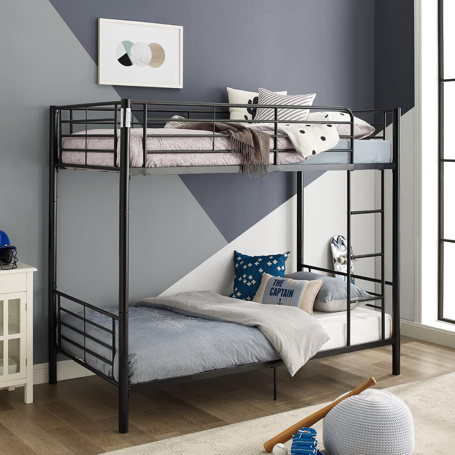 Walker Edison Elodie Urban Industrial Twin Over Twin Metal Bunk Bed, Twin Over Twin, Black
