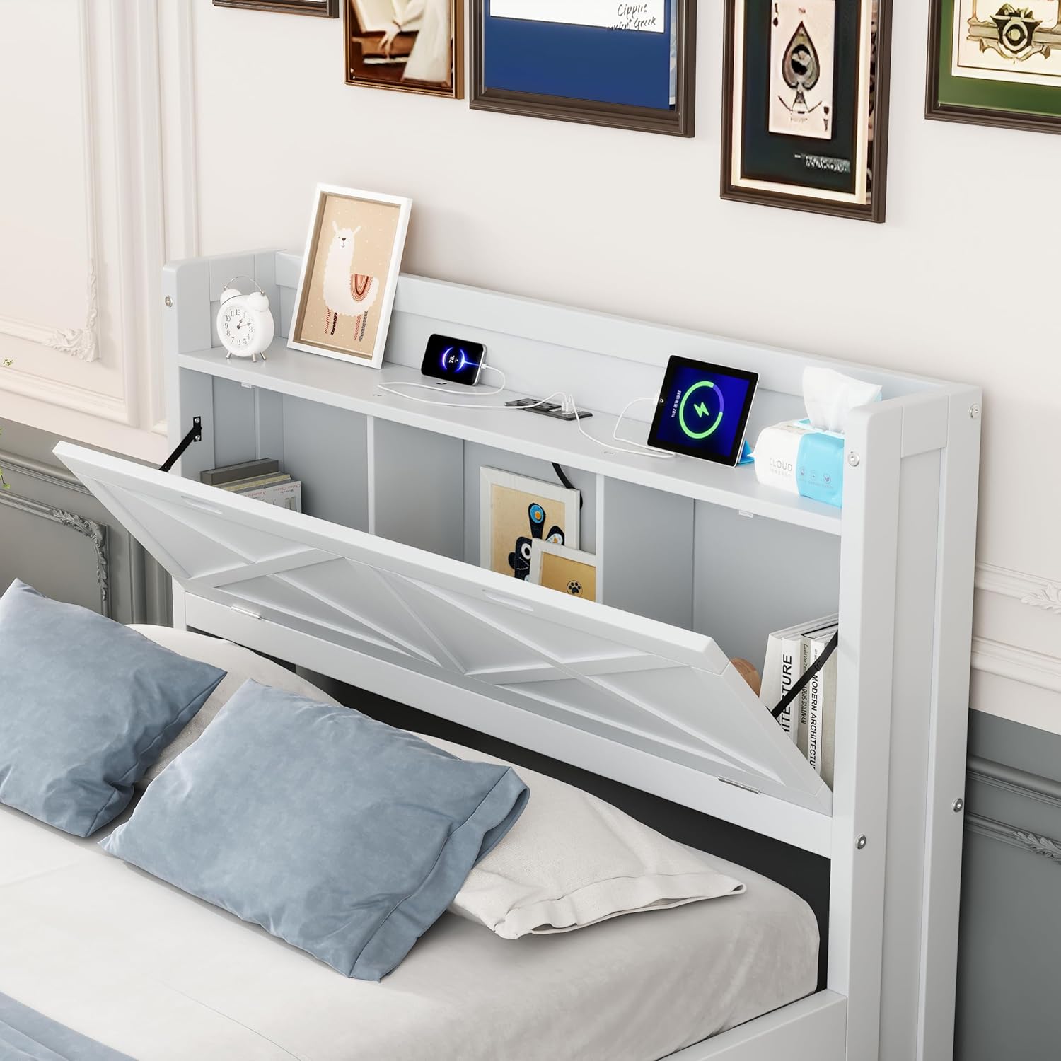 Full Size Captain Wooden Bed Frame with Storage Headboard & Outlets | Extendable Platform Bed with Twin Trundle & 3 Storage Drawers | Modern Farmhouse Bedroom Furniture Set (White, Full)