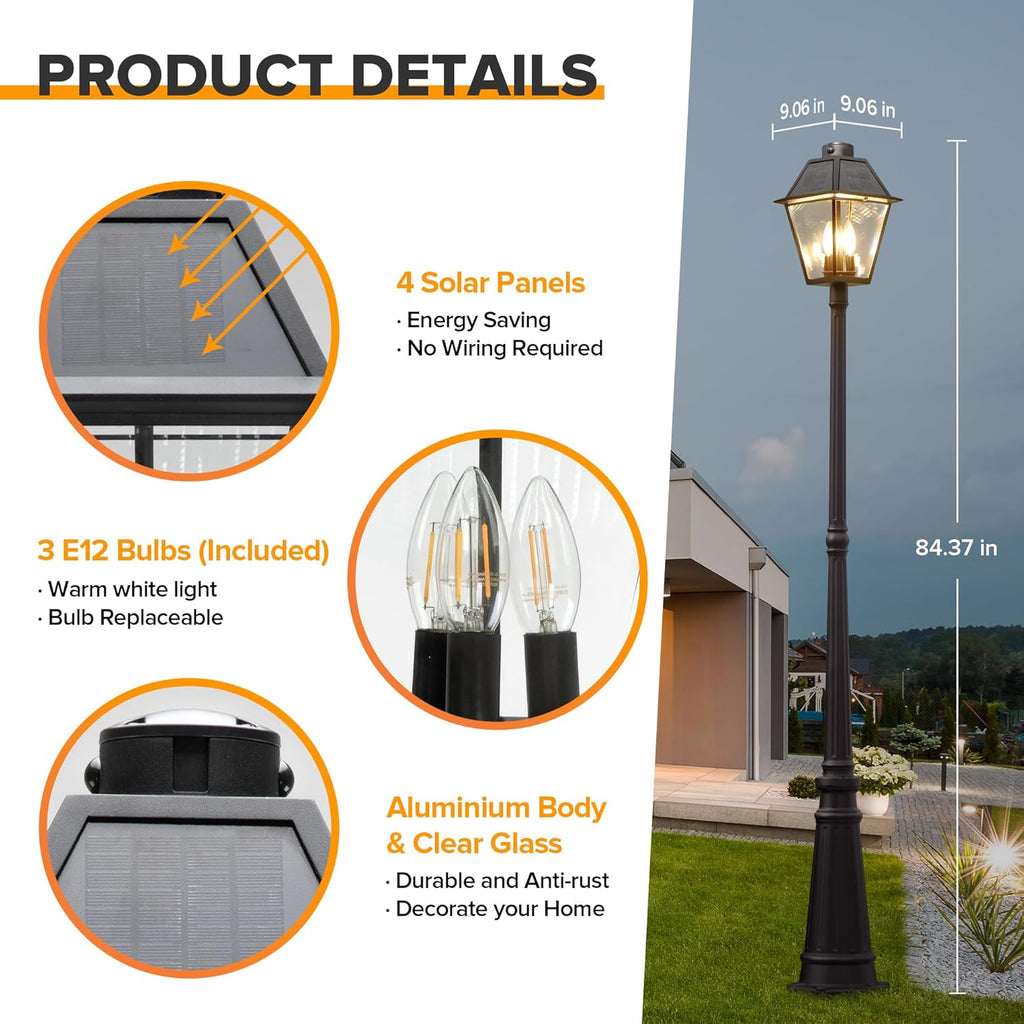 LUTEC Outdoor Solar Lamp Post Light with Motion Sensor, Dusk to Dawn Waterproof Pole Light with Three Modes, Exterior Vintage Black Solar Powered Street Light Fixtures for Garden, Patio, Pathway, Yard