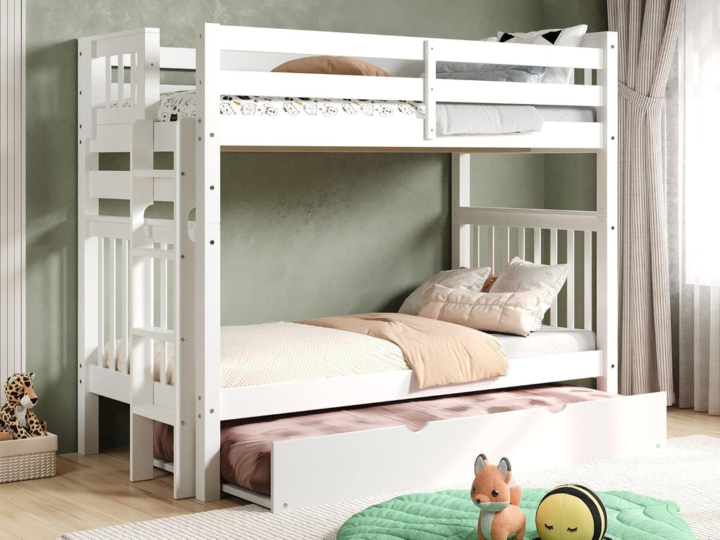 Bedz King Tall Bunk Beds Twin Over Twin Mission Style, End Ladder, Twin Trundle, White