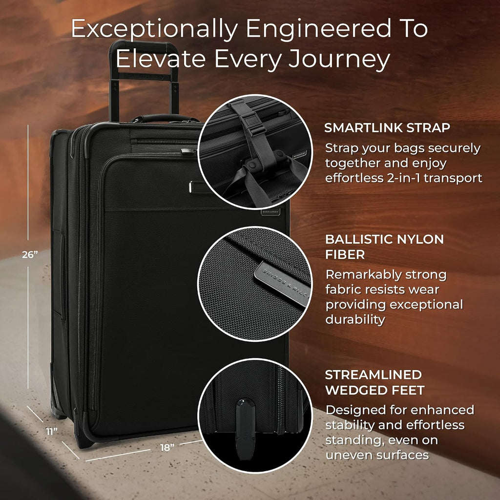 Briggs & Riley 26' Medium Expandable Upright - Checked Luggage for Travel, Suitcases with Wheels, Softside Rolling Bag for Men & Women, Self-Repairing Zipper - Baseline Collection, Black