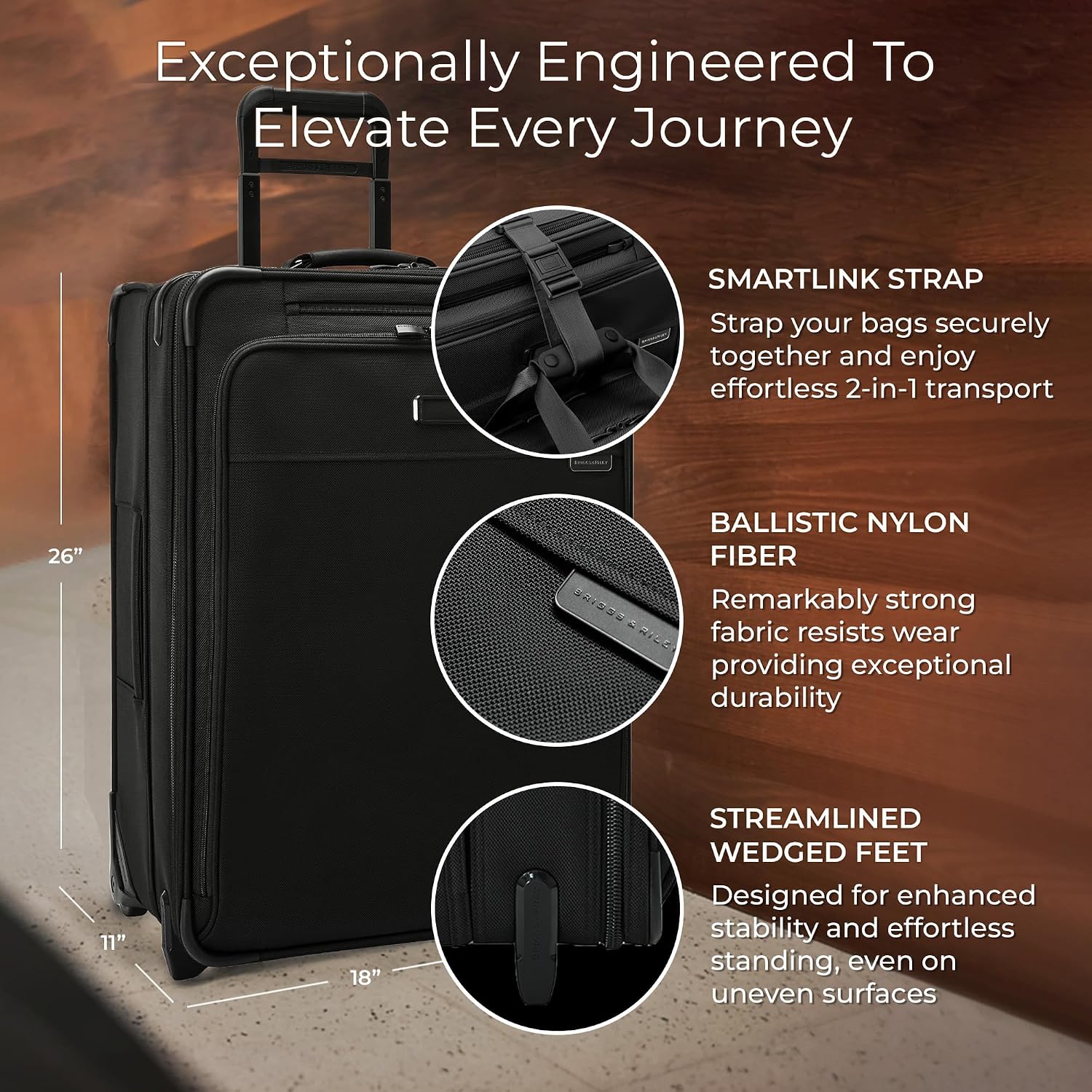 Briggs & Riley 26' Medium Expandable Upright - Checked Luggage for Travel, Suitcases with Wheels, Softside Rolling Bag for Men & Women, Self-Repairing Zipper - Baseline Collection, Black
