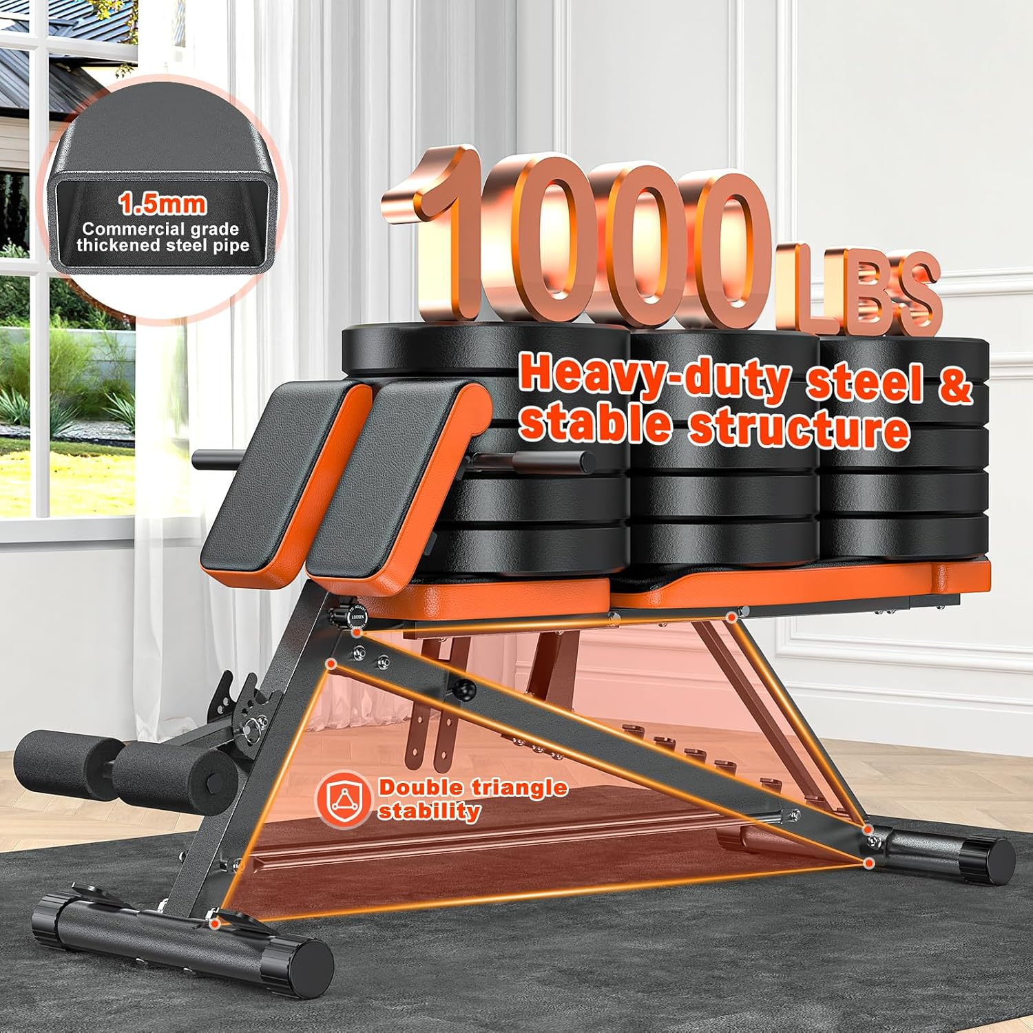 XDDIAS Roman Chair, Adjustable Weight Bench Back Extension Machine for Home Gym, 1000LBS All-in-One Sit Up Bench with Dumbbell Rack, Incline, Decline, and Flat Bench for Hyperextension, Core, Glute