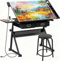 ZENY Adjustable Drafting Table with Stool, Tilting Drawing Desk Artist Table with Storage Drawers, Art Craft Workstation for Home Office Reading, Writing, Crafting (Black-with Outlet)