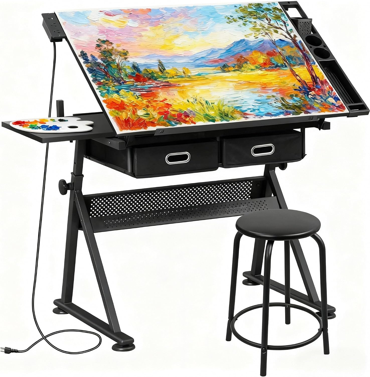 ZENY Adjustable Drafting Table with Stool, Tilting Drawing Desk Artist Table with Storage Drawers, Art Craft Workstation for Home Office Reading, Writing, Crafting (Black-with Outlet)